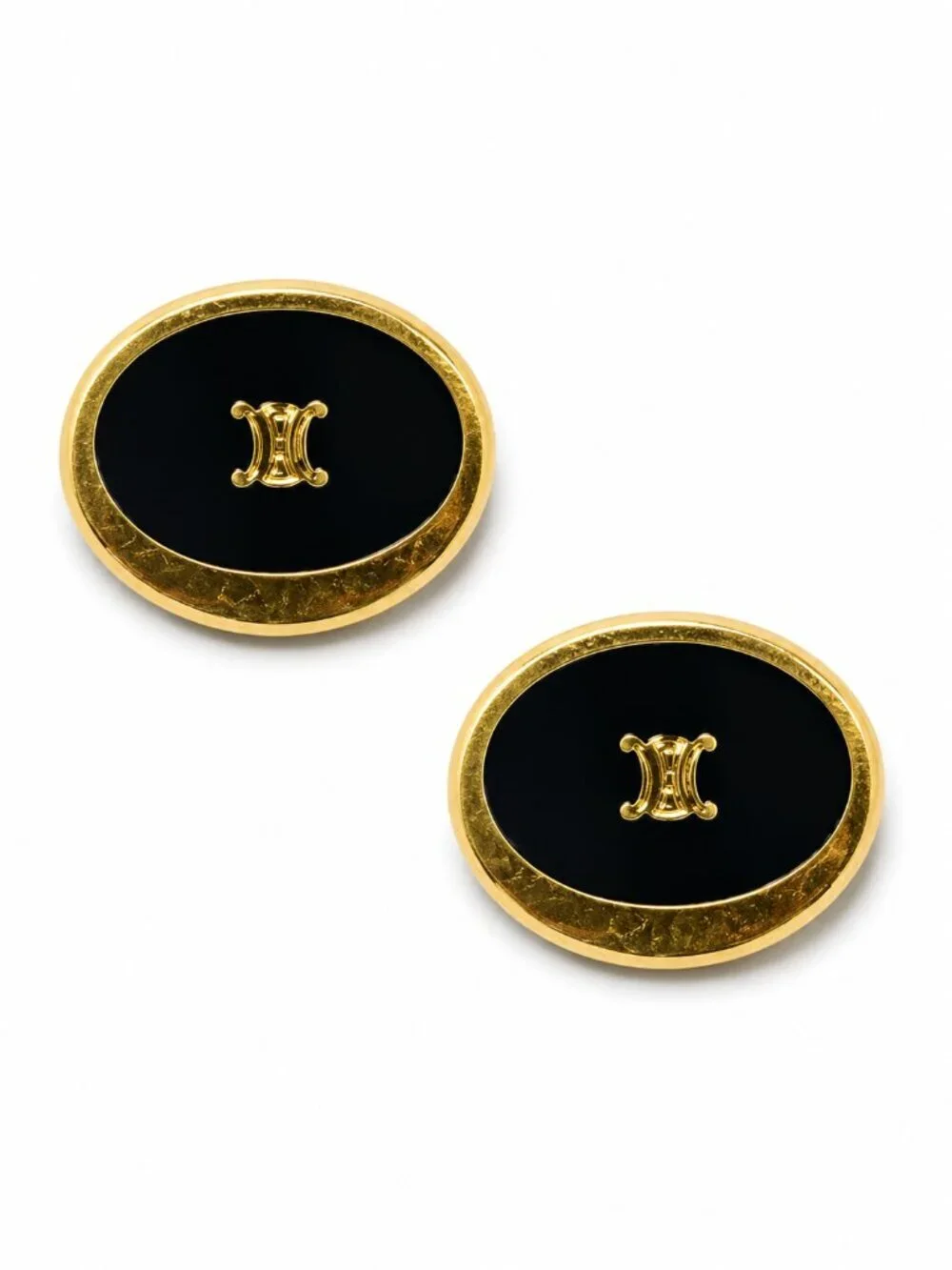 Vintage Celine Triomphe Black Enamel Gold Tone Oval Cufflinks